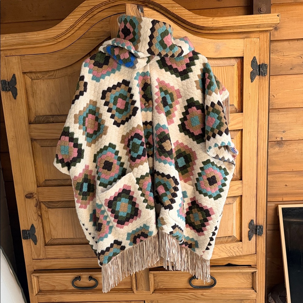 Hutch Cream Fringed Poncho with Pink, Teal & Olive Motifs
